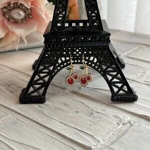 Vintage Cherry Pierced Earrings, Rhinestone embellished, fish hooks, red ,